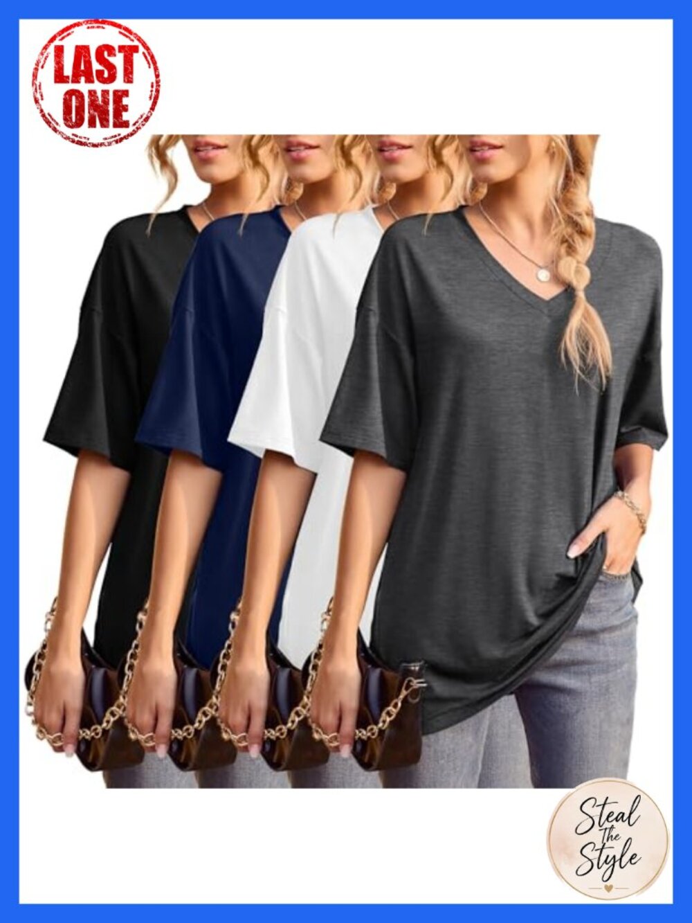 4 Pack Oversized Dolman Sleeve V-Neck T-Shirts Short Sleeve Tunic Tops